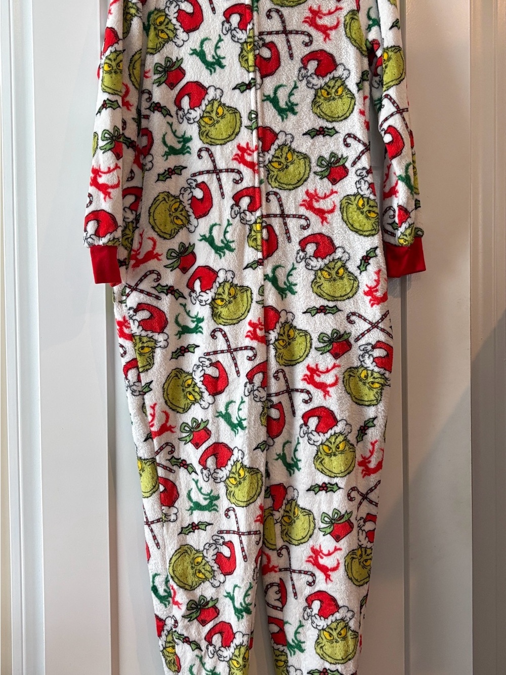 women’s Holiday Grinch One-Piece Hooded Pajamas - White/Green/Red